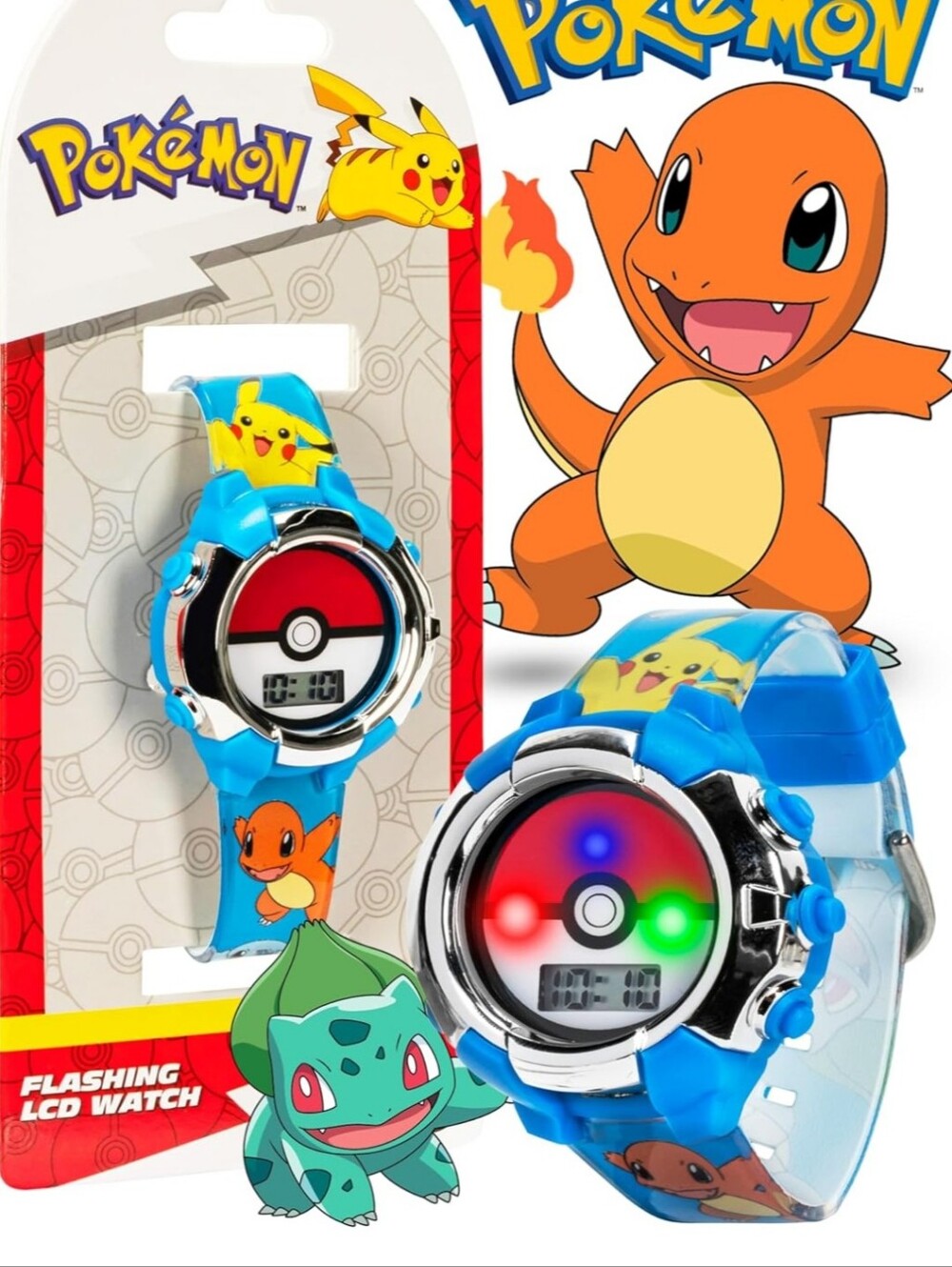Kids Flashing LCD Watch - Blue Pikachu & Charmander Design